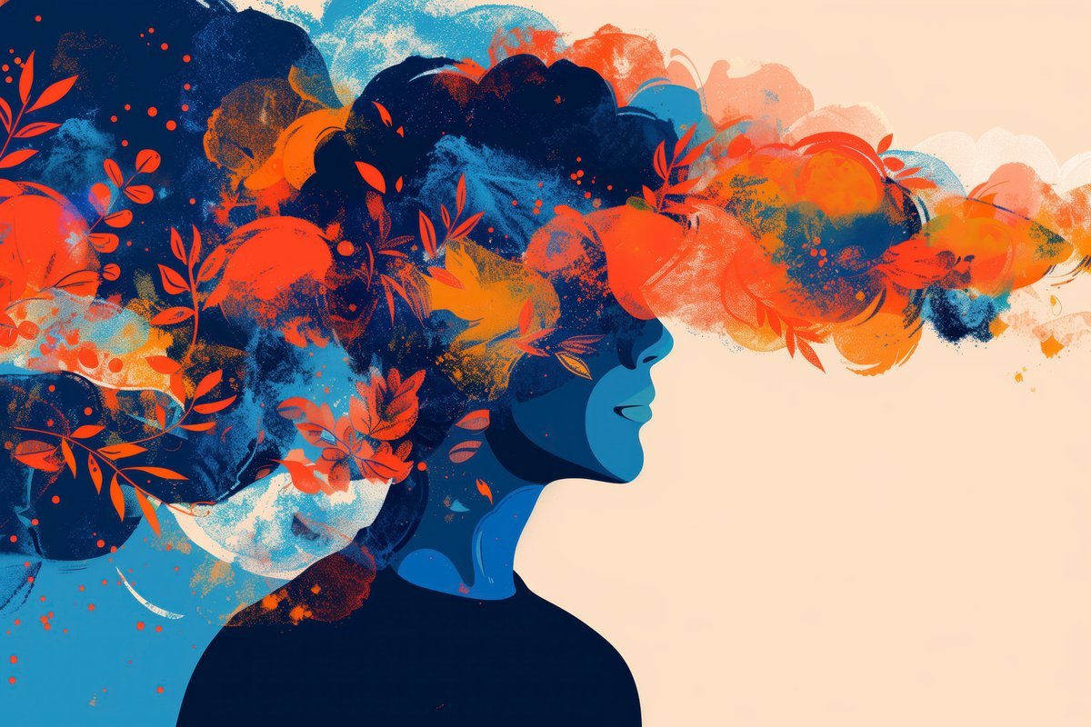 Illustration : profil féminin aux pensées colorées