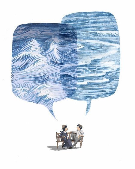 Illustration : deux bulles de dialogue en aquarelle au-dessus d'un couple assis