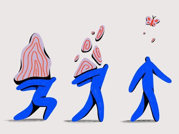 Illustration : silhouettes déposant progressivement leur fardeau