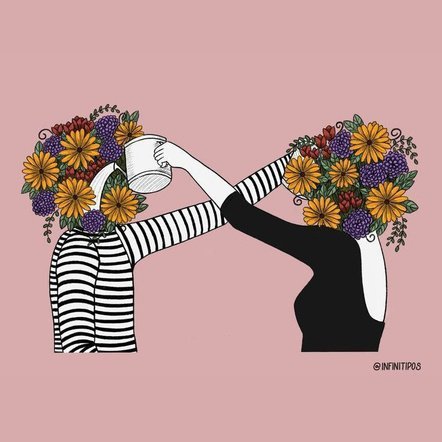 Illustration : personne arrosant des fleurs sur la tête d'une autre