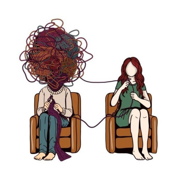 Illustration : deux personnes en séance, fil de pensées démêlé